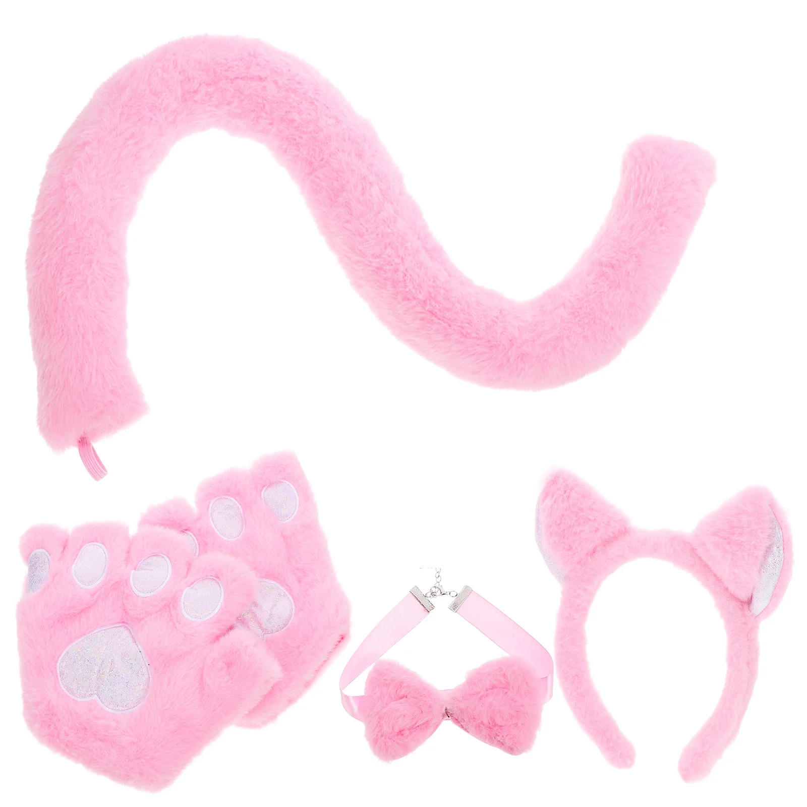 1세트 고양이 귀 머리띠 동물 의상 액세서리 부드러운 천 꼬리 나비넥타이 장갑 파티 코스프레 소품 키트 어린이 소녀 코스프레용