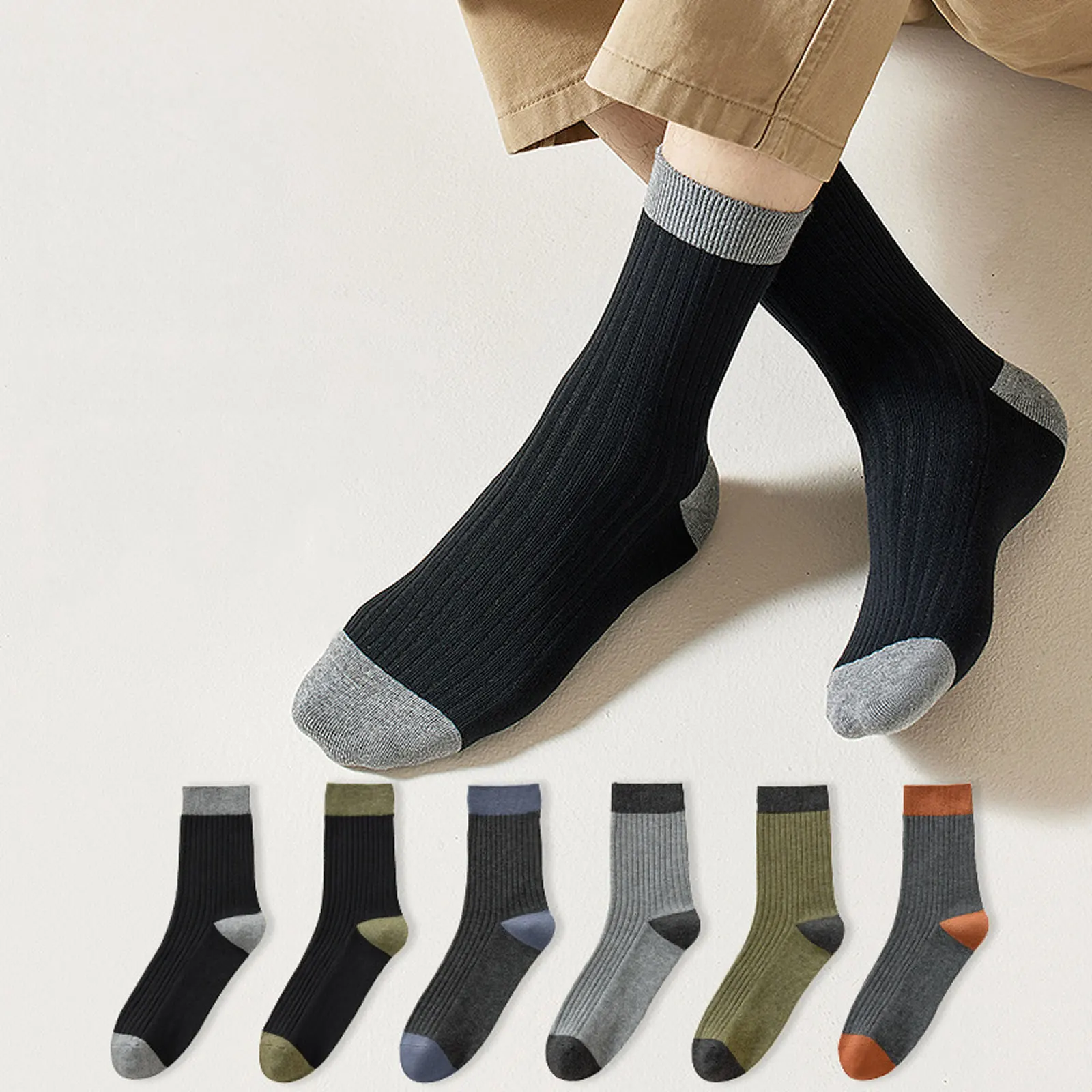 

Mens Cotton Socks Fashion Autumn Winter Male Casual Socks Breathable Anti-Skid Moisture Wicking Striped Mid Tube Socks 5 Pairs