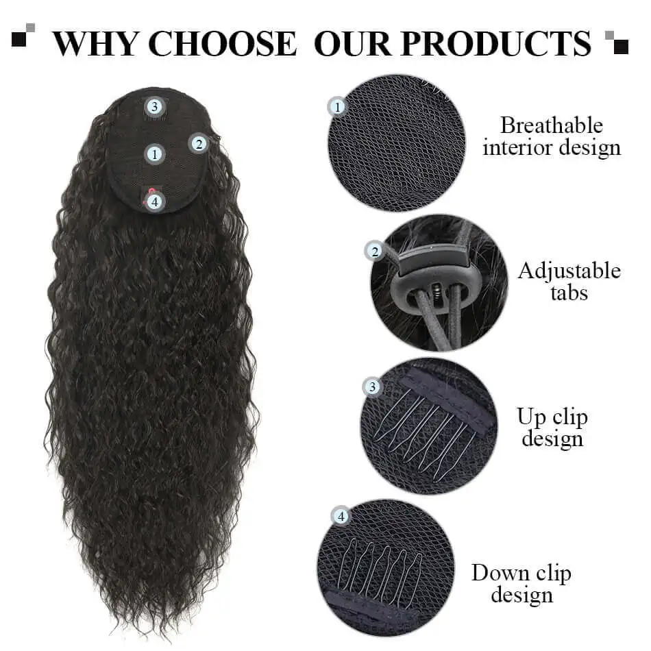 24 بوصة الاصطناعية الطبيعية متموجة الرباط ذيل حصان مجعد موجة كليب في الشعر التمديد العضوية جيري مجعد ذيل حصان للنساء #4