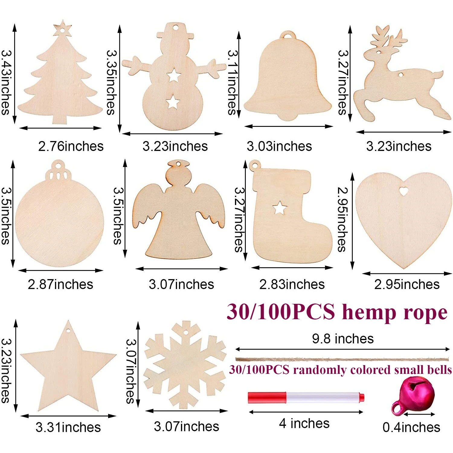 30/100 مجموعة خشبية شجرة عيد الميلاد حلي معلقة شرائح الخشب لم تنته مع ثقوب المعلقات الحرفية DIY بها بنفسك لزينة عيد الميلاد #6