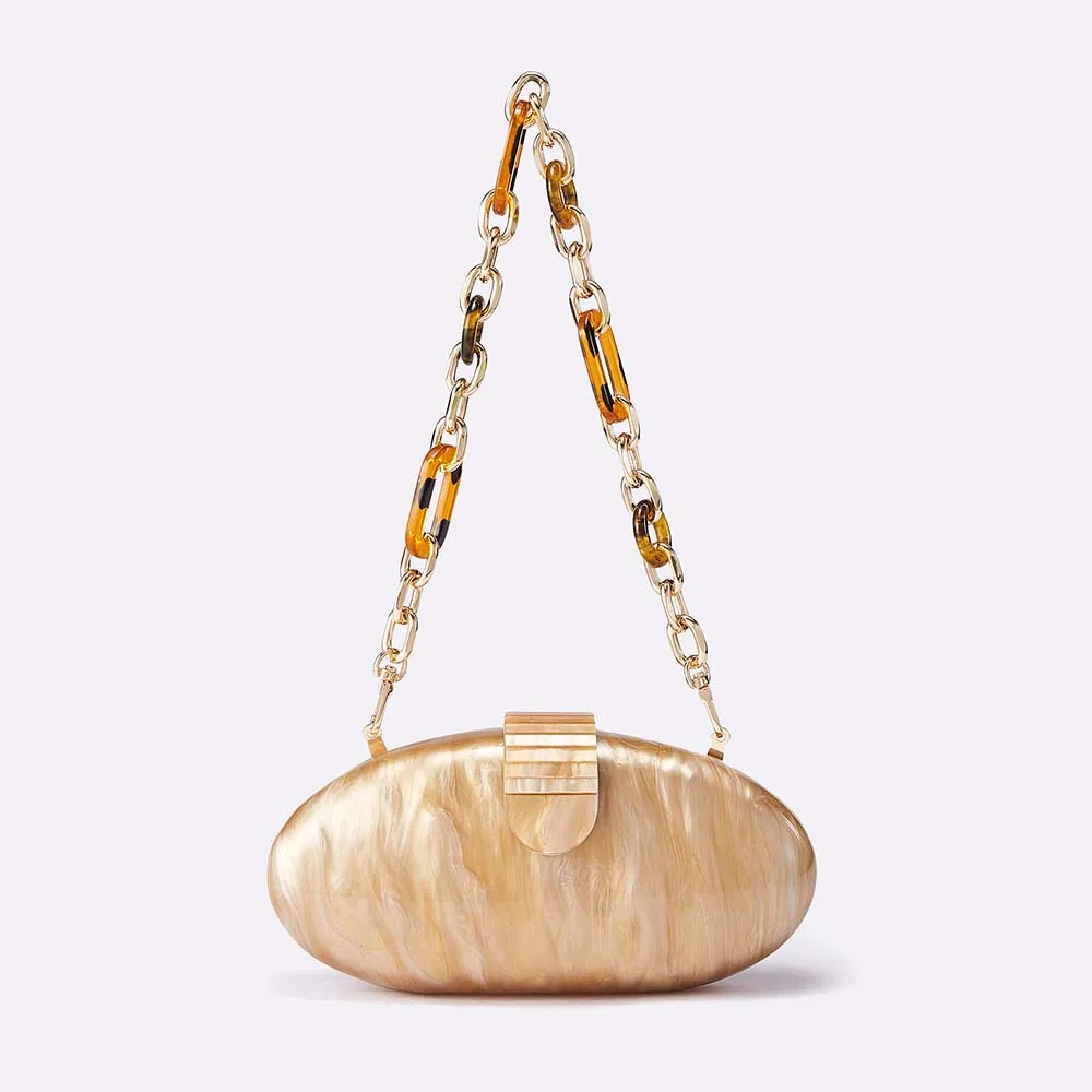 

Fashionable Apricot Pearl Coffee Elliptical Acrylic Evening Clutch Shoulder Bag for Women in European and American Style
