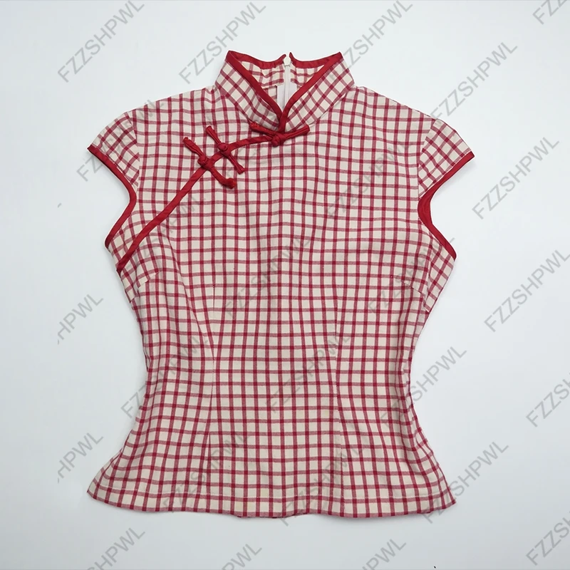 النمط الصيني تي شيرت موضة شارع العليا Y2K الألفية المزاج فتاة القوطية زر موضة ريترو منقوشة المرأة قصيرة الأكمام بلايز