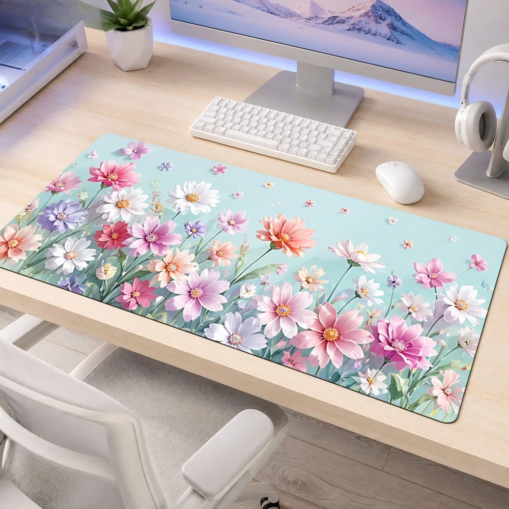 Tapis de souris à motif de marguerites et de fleurs sauvages, blanc doux, avec design antidérapant, grand tapis de souris