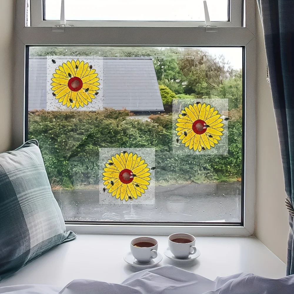 Sunflower patterned transparent window fly trap sheets in 6 packs. Odorless sticky design, safe household pest catcher