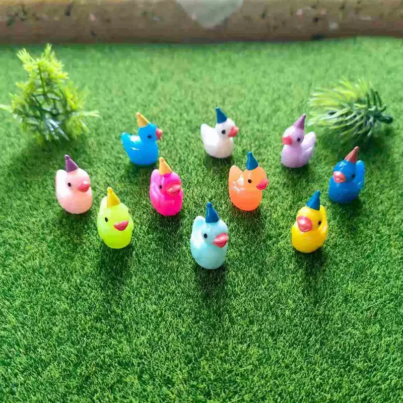 

10pcs Miniatures of Mini Resin Ducks with Birthday Hat, Tiny Animal Figurines for DIY Craft Moss Micro Landscape Ornaments