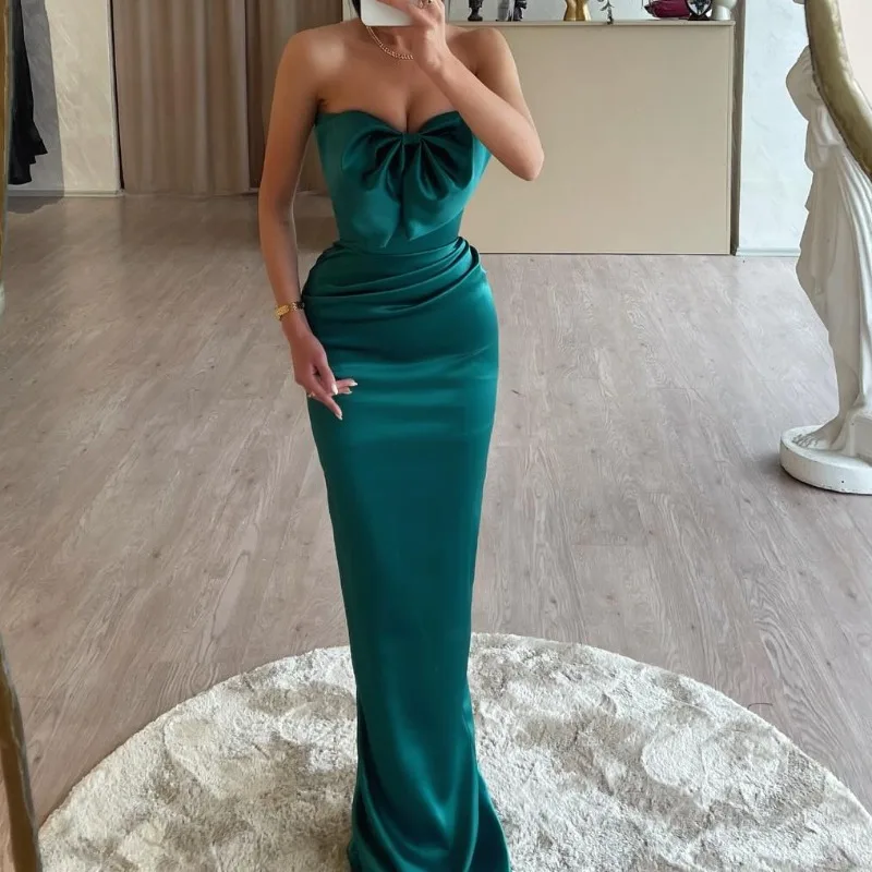 

Sweet Designed Bow Evening Long Dress New Strapless Summer Slim Fit Party Gowns Women Simple Solid Prom Dresses Vestidos