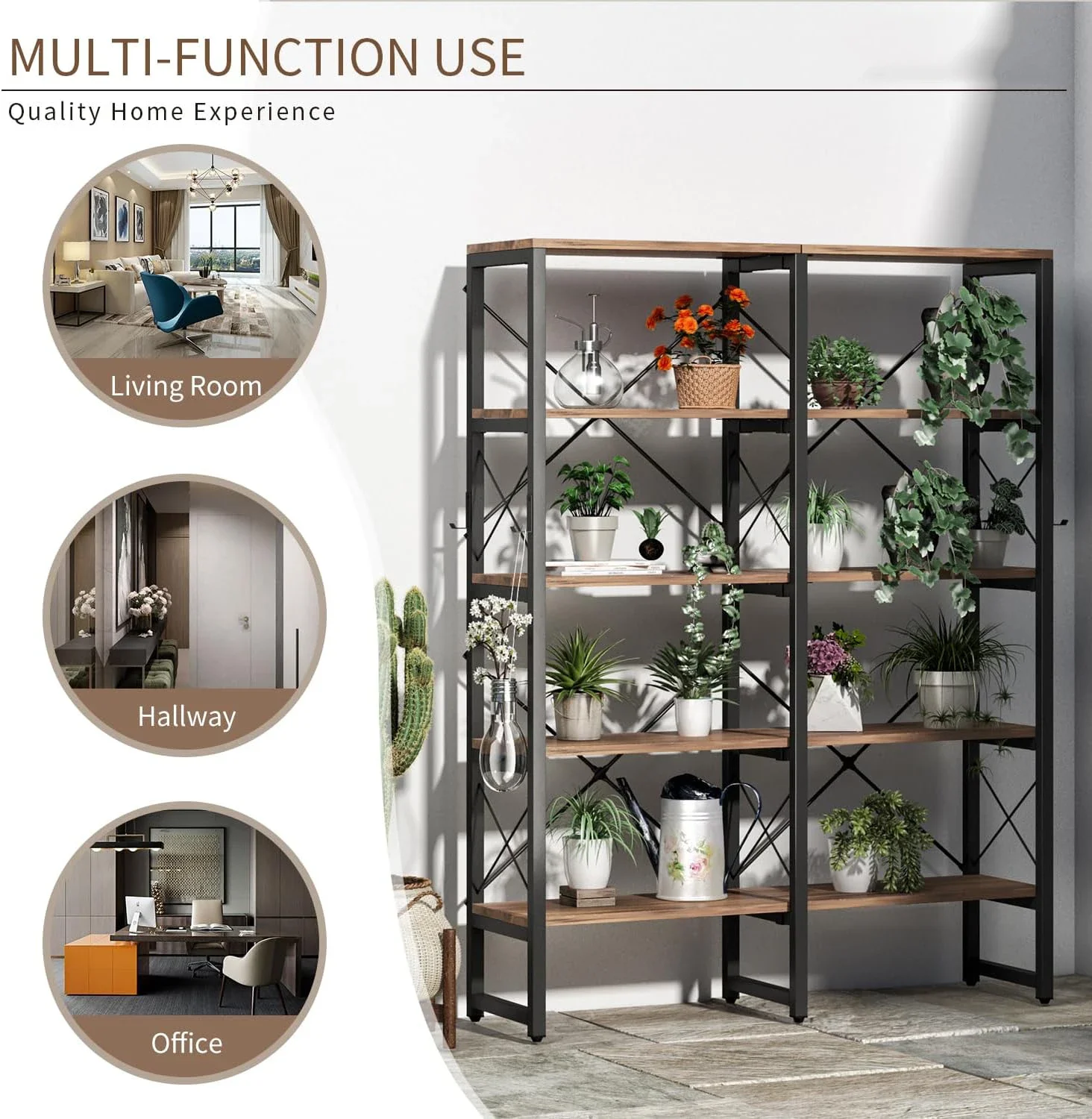 Estante Industrial Double Wide 5-Tier com Moldura de Metal, Estante de Livros Aberta Grande, Madeira e Prateleiras Altas