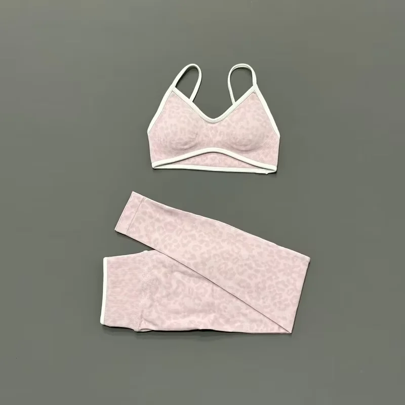 2 Pcs Fitness Sets Women Leopard Print Contrast Edge Removable Pad Bra Breathable Squat Proof Pants Suit Sports Workout Set