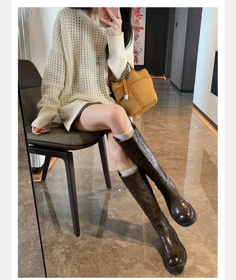 Autumn/Winter New Vintage Martens Washed Horsehide High Cylinder Slim Mid-length Botas Thick Heel Platform Knight Boots