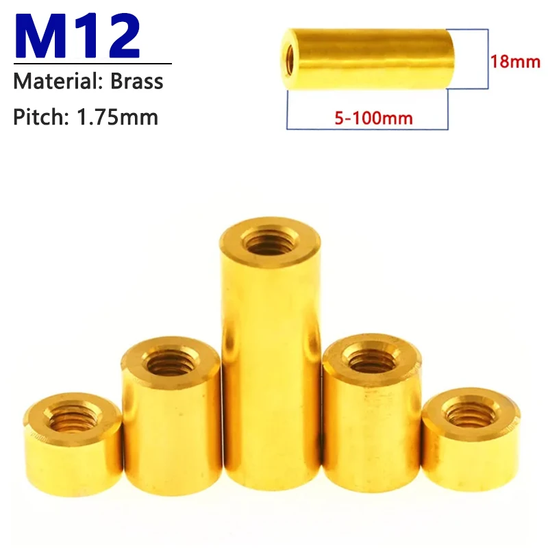 

1pc M12 Brass Round Coupling Nut Female Thread Cylindrical Stud Standoff Sleeve Double Pass Hollow Pillar Width 18mm L=5-100mm