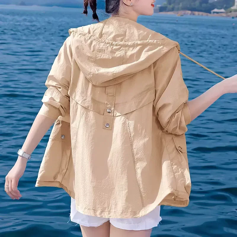 2025 New Women Hooded Thin Sun Protection Clothing Summer Fashion Long Sleeve Zipper Slim Coat Female Jacket Casual Outwear T979