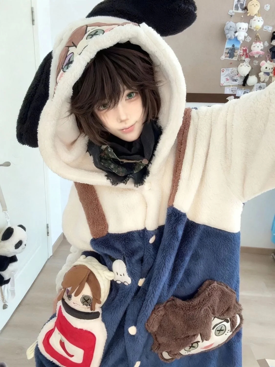 thick-coral-fleece-sleep-robe-men's-loose-home-clothes-autumn-winter-cartoon-embroidery-long-sleeve-nightgown-couple-matching