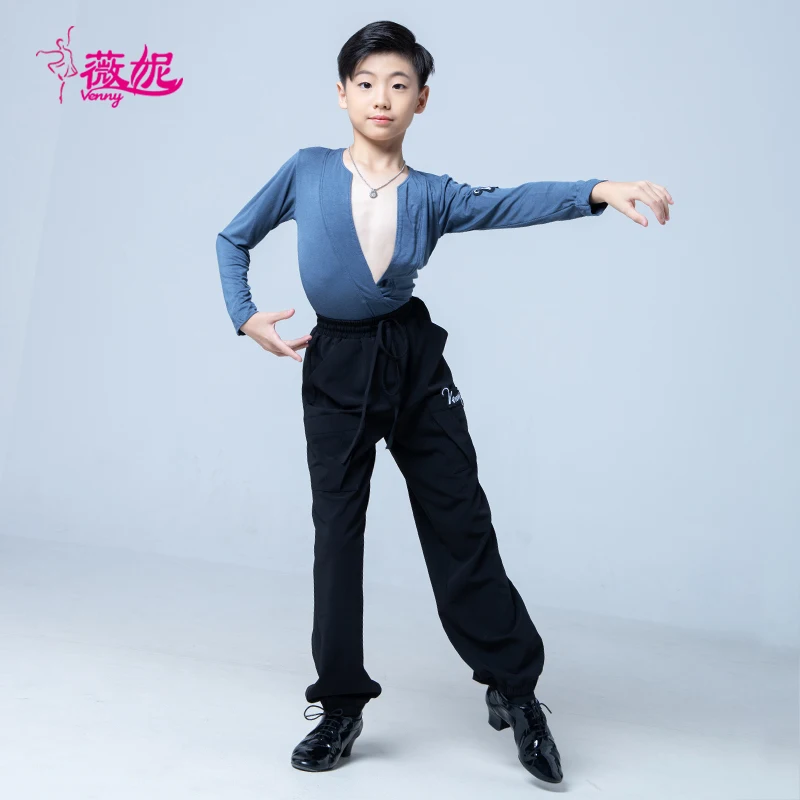 Vennystyle Top da ballo latino da uomo con scollo a V profondo manica lunga vestibilità slim per costumi da ballo da sala da ballo