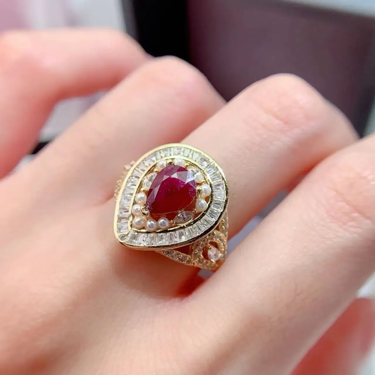 Nnatural Ruby Jewelry Gift for Woman Natural  Ruby 6mm*8mm  Pera Cut 925 Silver  Ring for Office Woman 3 Layers 18K Gold Plating