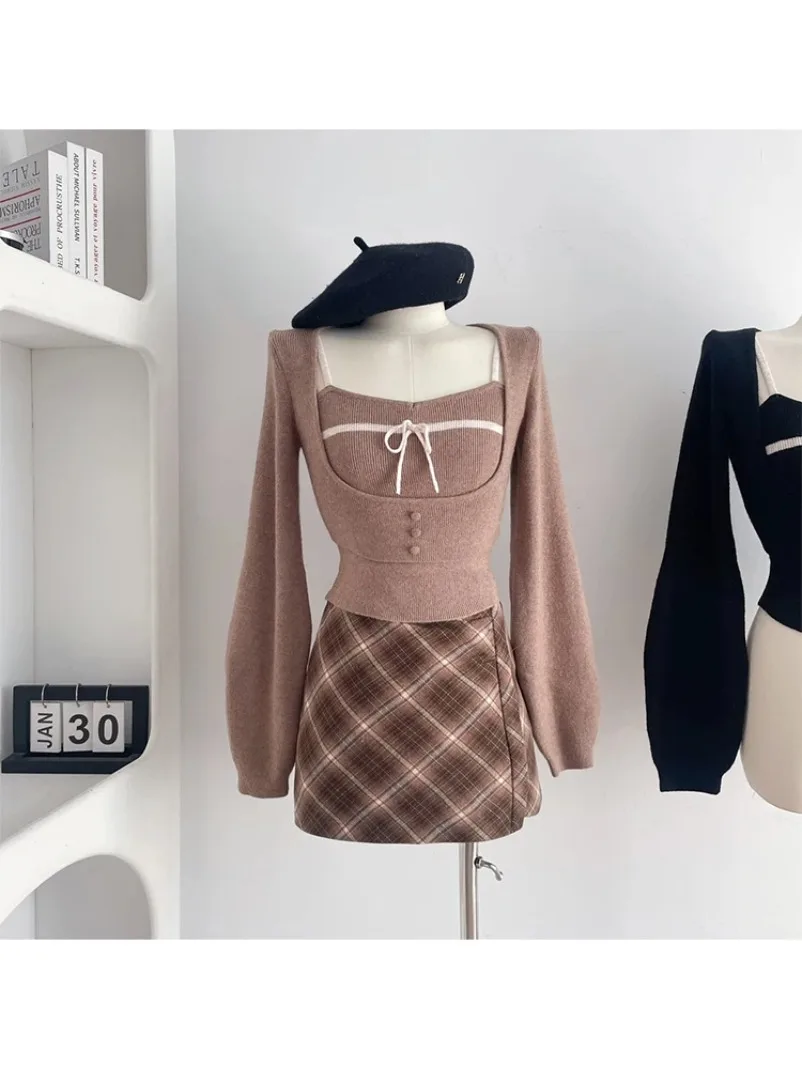 سترة نسائية جديدة من Shoujo Gir مكونة من قطعتين سترة قصيرة بأكمام طويلة ملابس تريكو محبوبة 2000s كورية Gyaru Old Money Mori