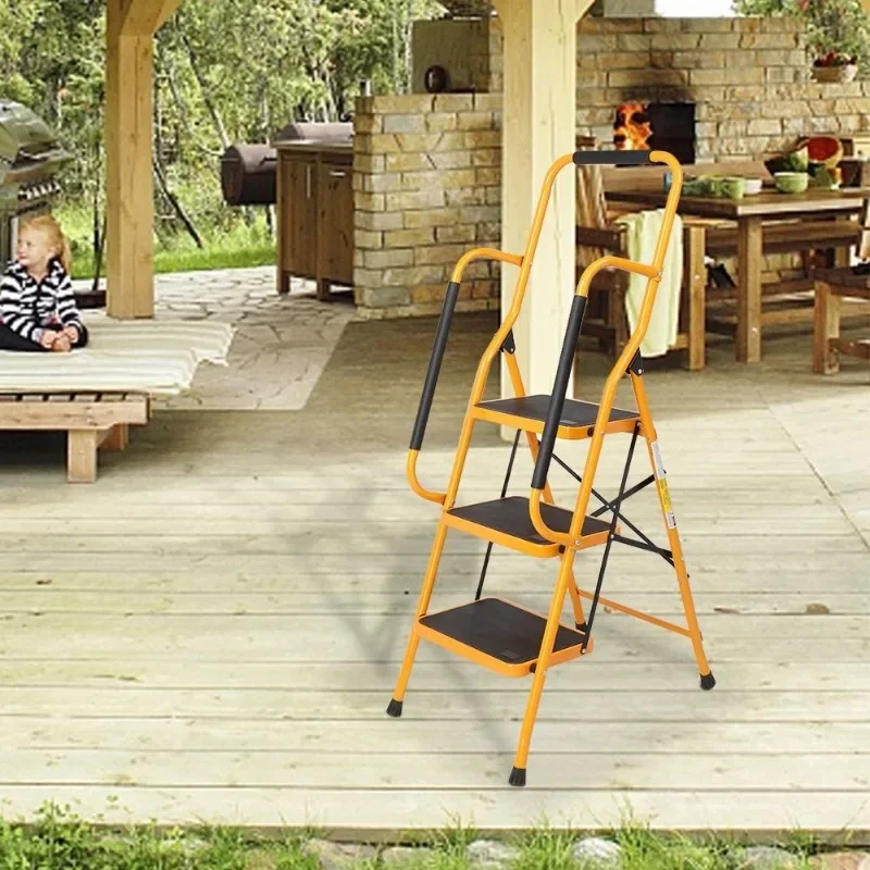 Premium 3-Step Folding Step Ladder – Heavy-Duty Iron 330lbs Capacity With Safety Lock Non-Slip Feet Handgrip For Home Office