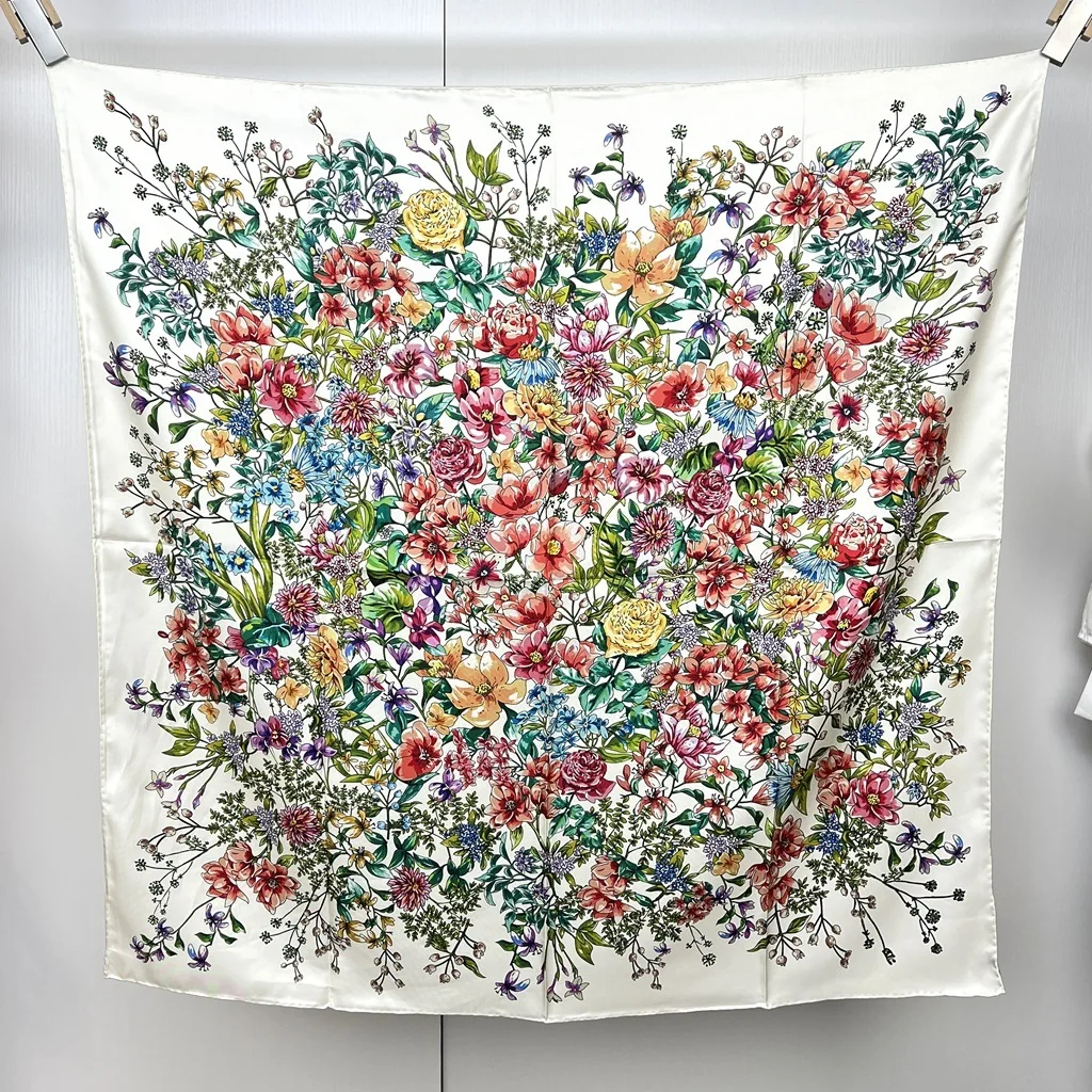 100% Mulberry Silk Elegant Floral 90 Square Leaf Pattern for Women Simulated Fresh Versatile Headwear Bag Clothing Accessories