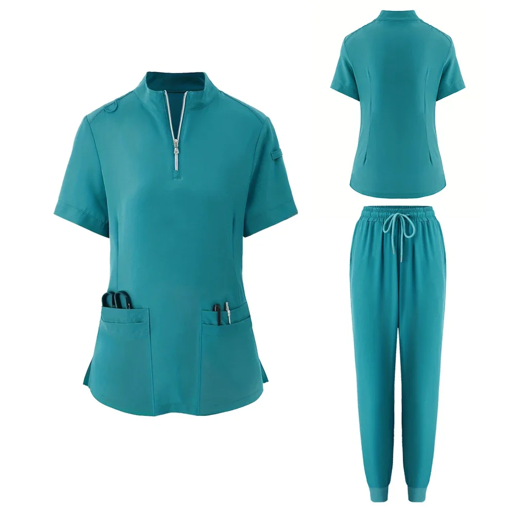 Women's 4-Pocket Zip-Neck Short Sleeve Scrub Top Nurse Uniforms Women Medical Nurses Accessories for Hospital Doctor Uniform
