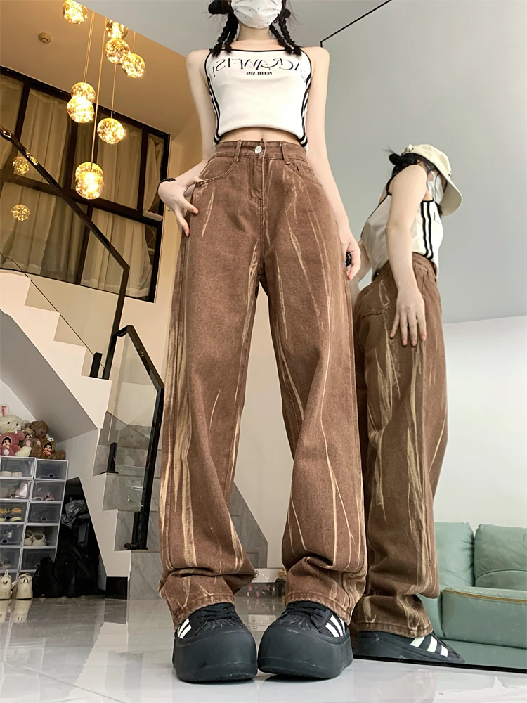 

Women's Vertical Tie Dyed Brown Thin Jeans Young Girl Summer New Bottoms Casual Trousers Female Straight Narrow Cut Pants