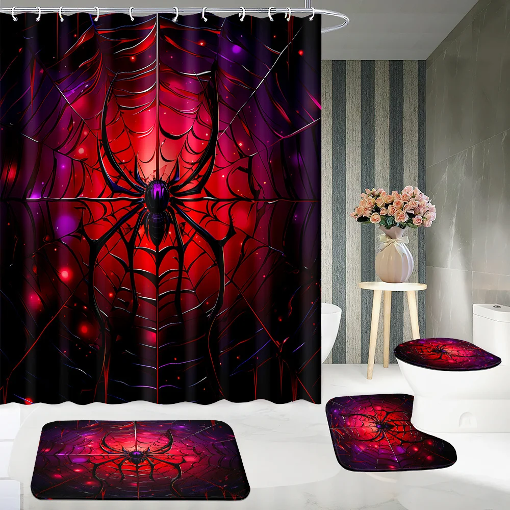 4pcs Bloody Spider, Spider Web, Cool Print Pattern Shower Curtain Set, Waterproof Shower Curtain with 12 Hooks, Non-Slip Bath