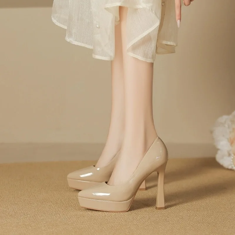 سوبر عالية الكعب وأشار الضحلة براءات الاختراع والجلود عالية الكعب موضة أحذية أنيقة النساء كعب رقيقة منصة أحذية عمل Pumps2025 #3