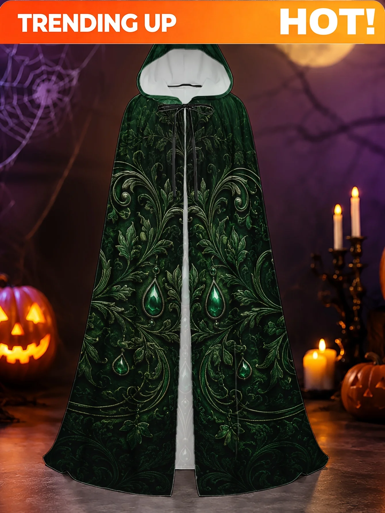 Customization 1pc Ornate Greenery With Emerald Drops Hooded Cloak - Stretchy Lightweight Costume Robe With All-Over For Galaxy P