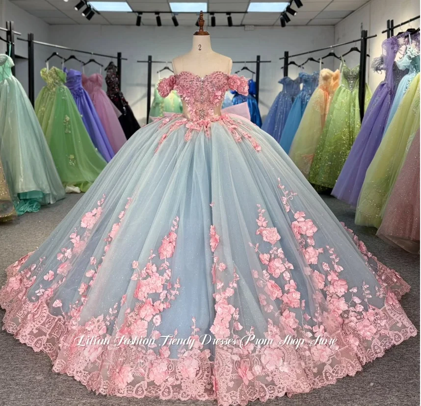 Custom Princess Quinceañera Gown Crystal Appliqué Beaded Corset 3D Floral Vestidos De 15 Quinceañera Sweet 15 Prom Dress