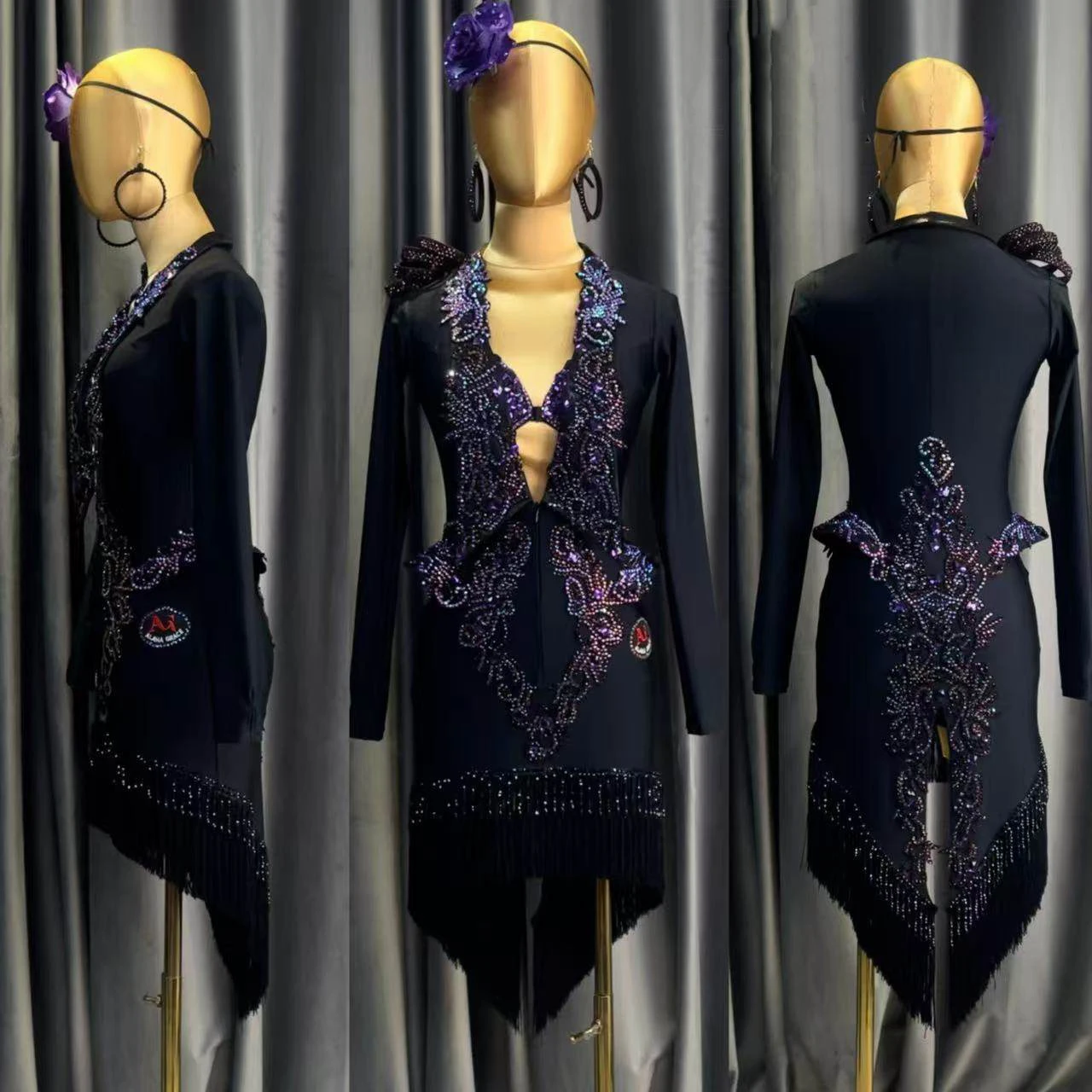 

Latin Dance AB Stone Female Adult Children High end Customized Luxury Bead Tube Tassel Skirt Black Pool Samba Performance Dress