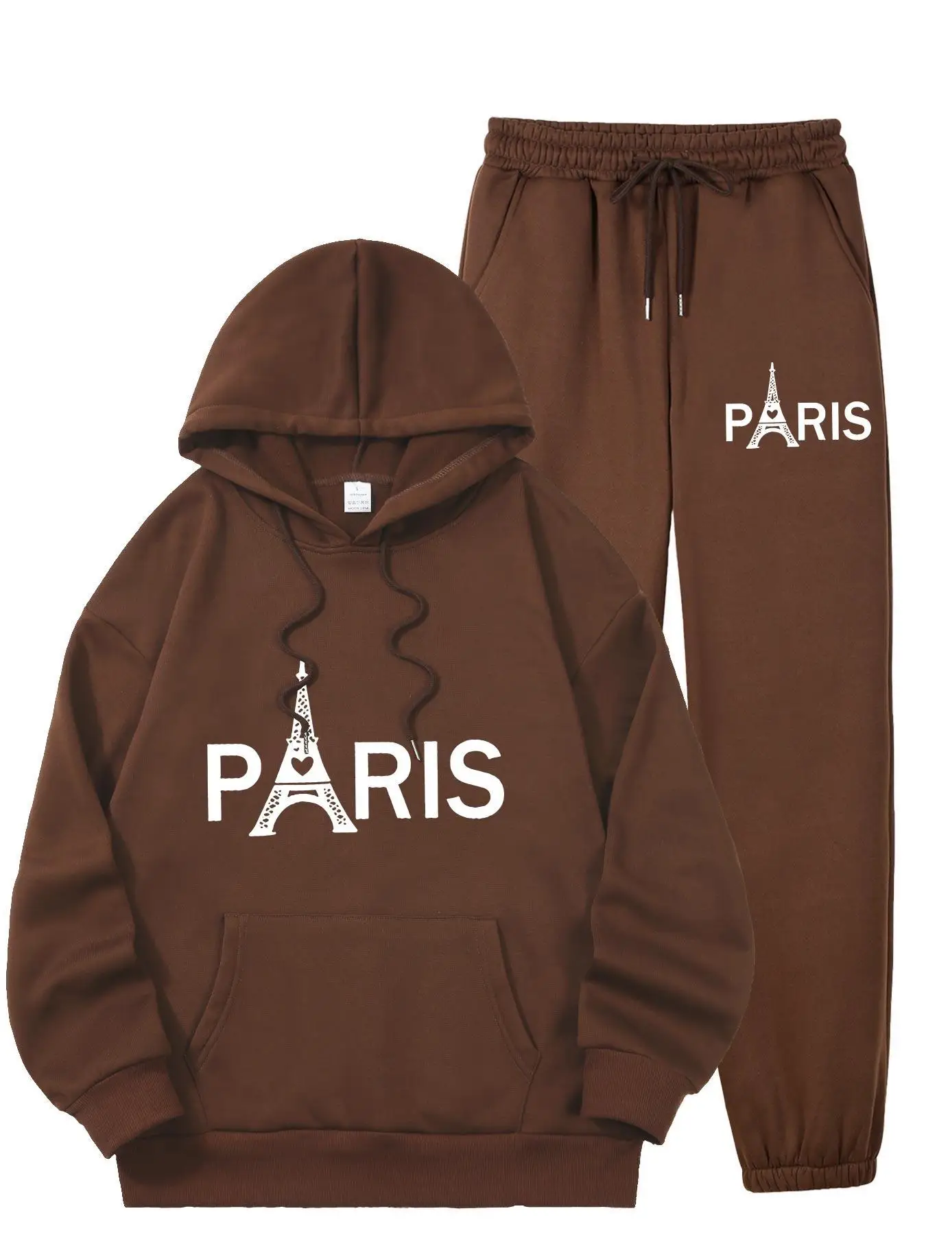 Ladies Paris Eiffel Tower Printed 2Pcs Tracksuit Casual Sport Outfit Fashion Hoodie With Kangaroo Pocket Sweatshirt Pants Set - view 5