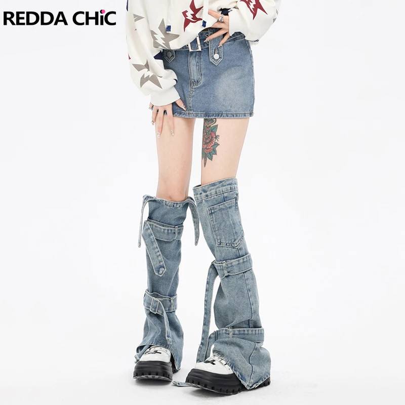 

REDDACHiC Bandage Women's Gaiter Denim Leg Warmers with Elastic Bands Blue Jeans Knee-high Socks Long Acubi Fashion Boots Cover