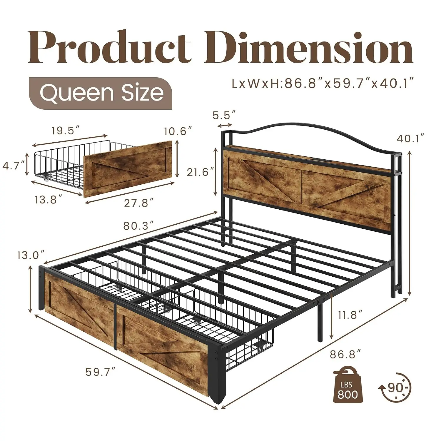 Queen Bed with Farmhouse Storage Headboard, Queen Bed with 2 Storage Drawers and Fast-Charging Station and Led Light, No Box Spr