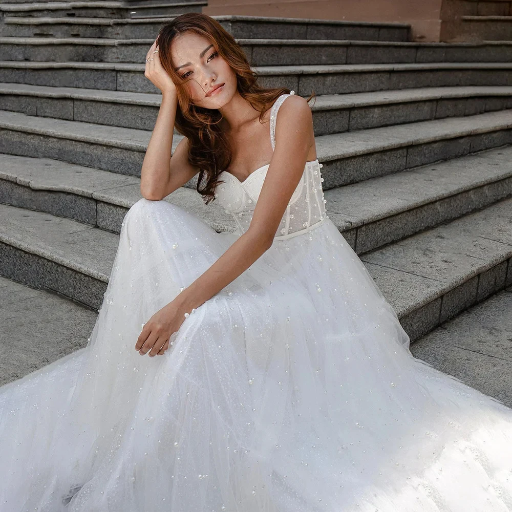 Robes de mariée Boho en tulle avec perles brillantes, robes de Rhd'anniversaire charmantes, patients spaghetti princesse à plusieurs niveaux