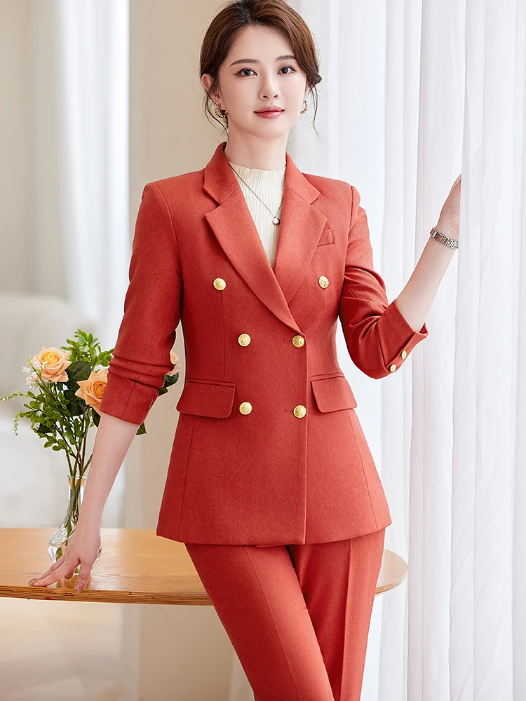 Red Gray Office Ladies Winter Pant Suit Women Female Business Work Wear Jacket Blazer and Trouser Formal 2 Piece Set