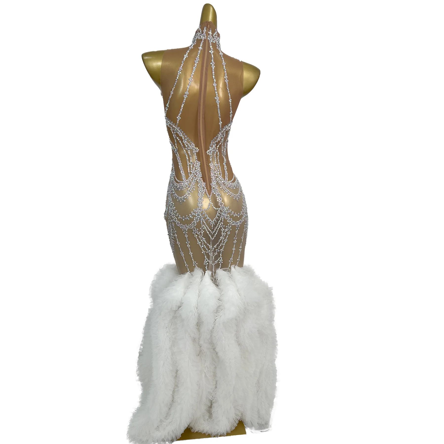 

Gongzhu Luxury Evening Dress Sparkling Diamond Splicing White Feather Skirt Wedding Banquet Formal Evening Dress Prom Gowns