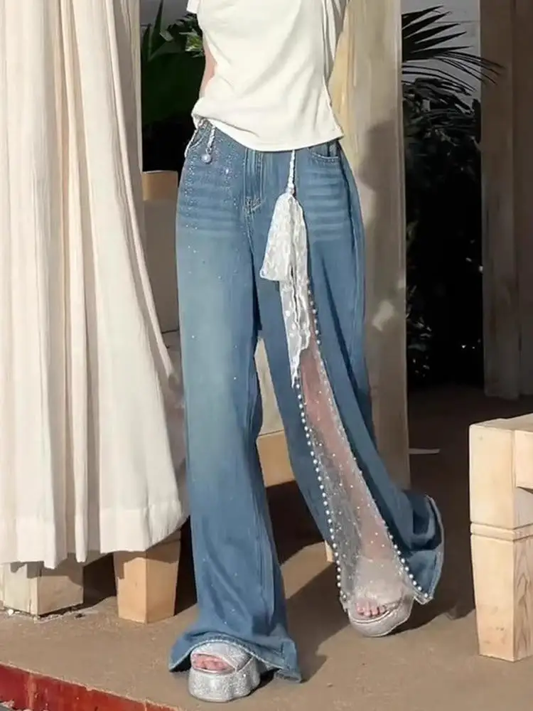 

Осенние женские джинсы 2025 года с кружевными вставками, стразами и жемчугом, широкие штанины, высокая талия, модные, элитные, стильные...