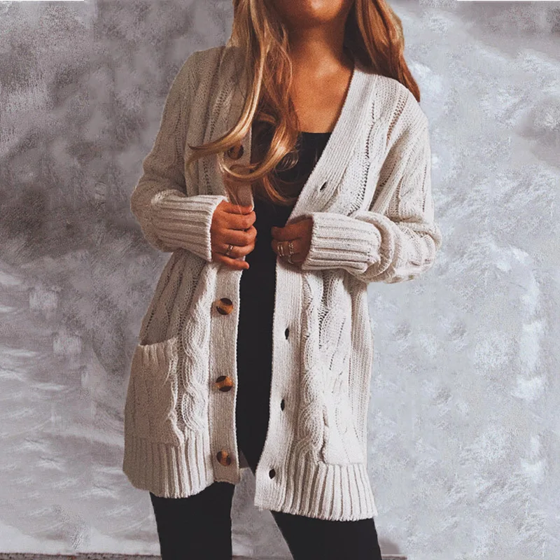 Autumn And Winter 2023 New Single Breasted Thick Fried Dough Twists Pocket Long Sleeved Knitting Sweater Cardigan Coat Women