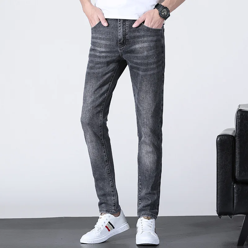 Smoky Gray Jeans Men's 2024 High-End Stretch Slim Fit Skinny Fashionable All-Match Casual Trend Embroidered Trousers