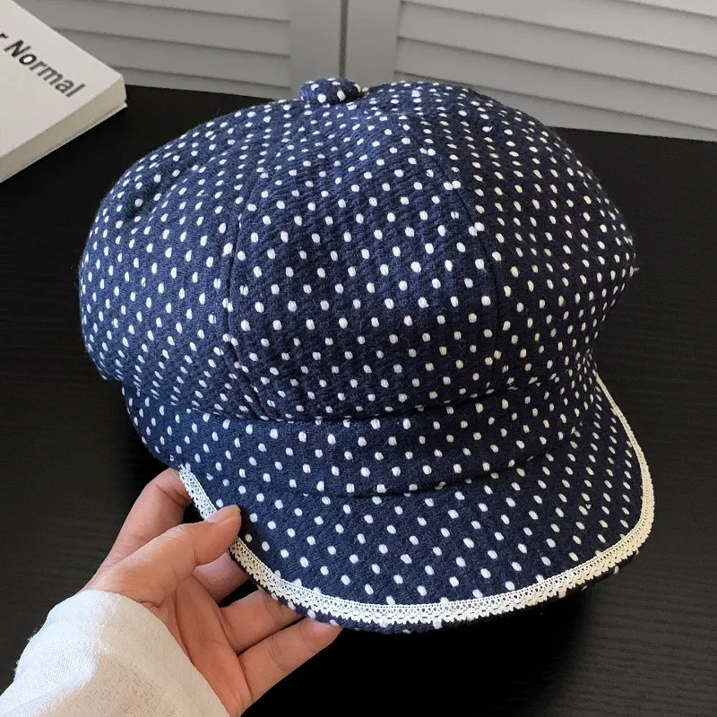 Koreanische Ins Polka Dot Spitzenrand Achteckige Baskenmütze Sommer- und Herbst-Street-Art Große Version Sonnenschutz Newsboy-Mütze für Frauen – Detail 4