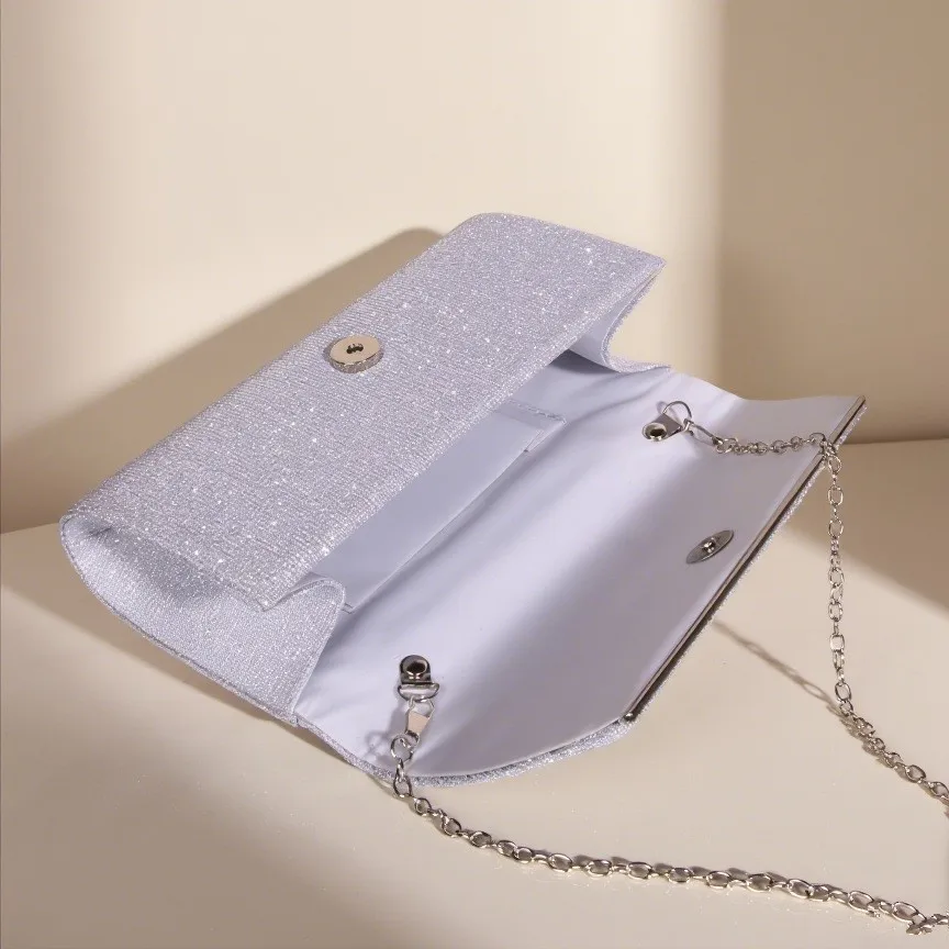 New Bow Diamond Inlay Evening Bag Glitter Silver Hand-held Bag Mini Pleated Evening Gown Women's Wedding Party Handbag