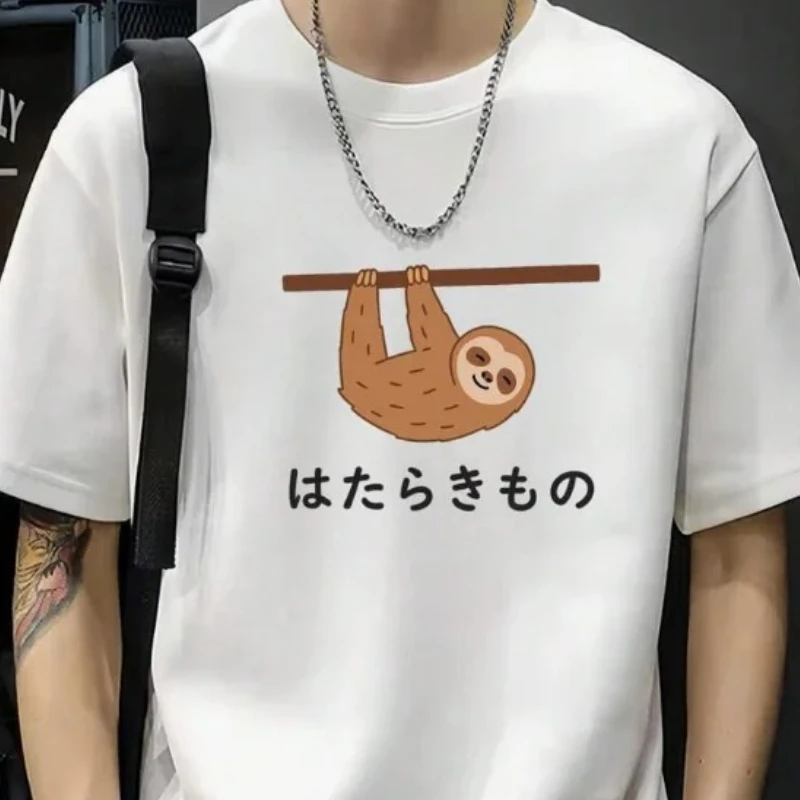 

Sloth Pattern and Japanese Pattern Black T-Shirt Women's New Summer Casual Crew Neck Short Sleeve T-Shirt Casual Cartoon Top Y2K