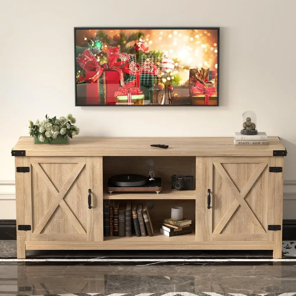 65'' Rustic Farmhouse TV Stand with Barn Doors Adjustable Shelves Cable Management Oak Wood