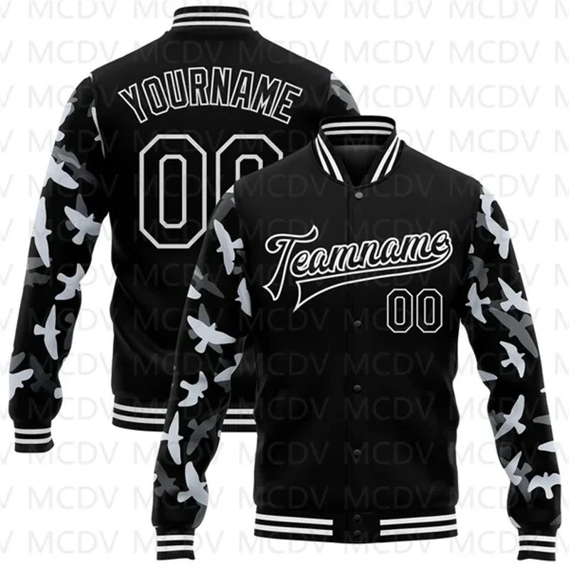 Kustom ikan emas hitam Camo lengan 3D pola desain Bomber penuh-Snap Varsity Letterman jaket