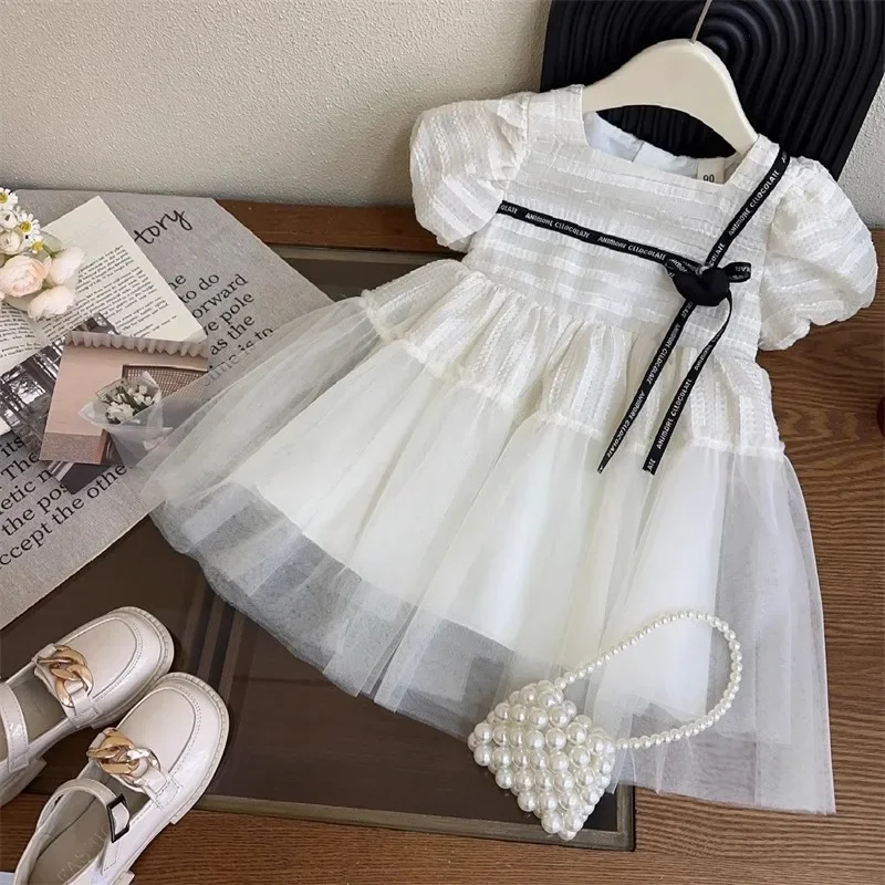 

Girls Dress Summer New 2025 Children's Doll Collar Mesh Splicing Dress Bow Short Sleeve Skirt