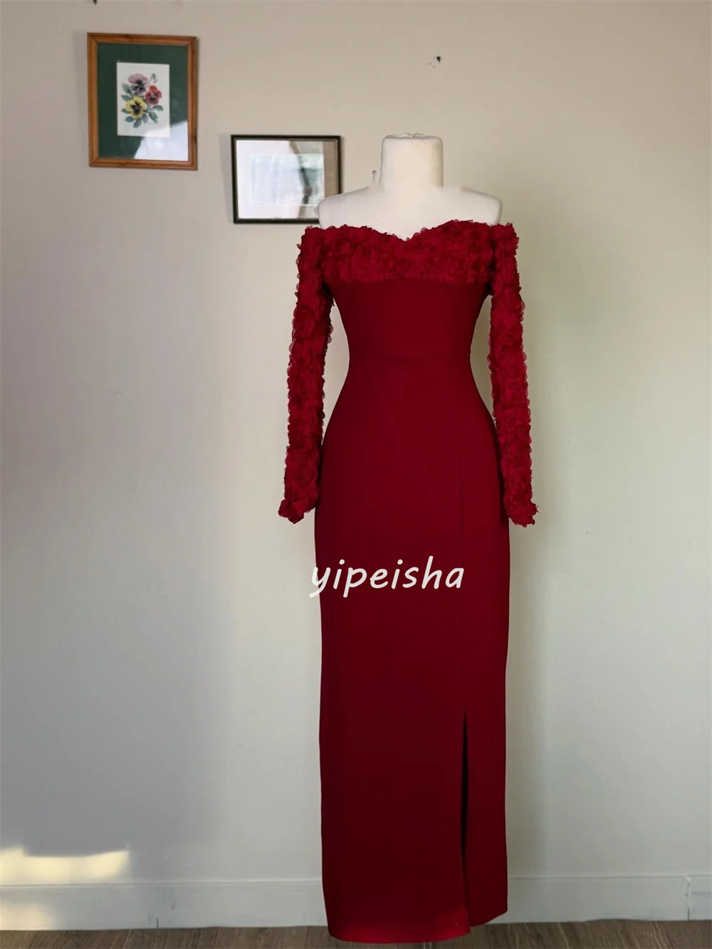 Customized High Quality Matching Jersey Handmade Flower Pleat Straight Strapless Long Dresses Bespoke Occasion Dresses Fashion