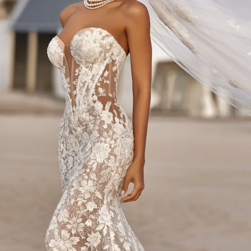 Luxo champanhe dubai árabe sereia vestidos de casamento applique rendas miçangas tull tribunal trem vestido de casamento vestidos de noiva