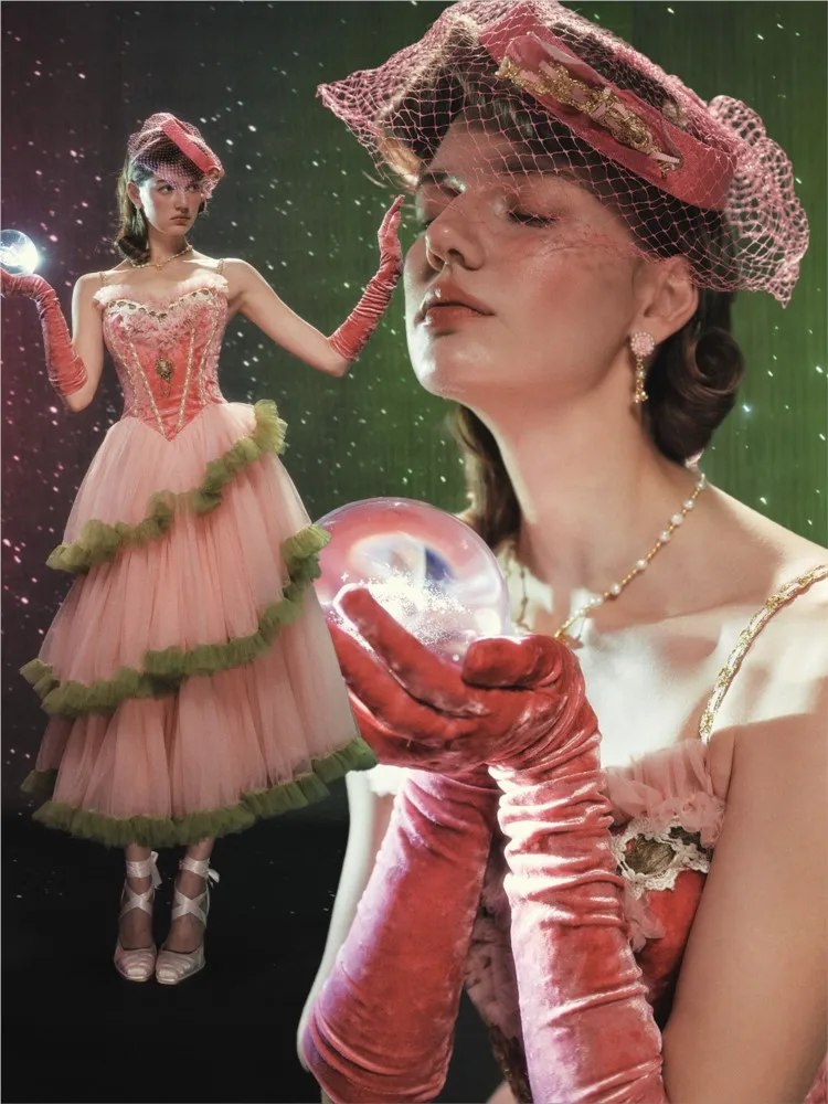 Design a pink dress with puffy fishbone