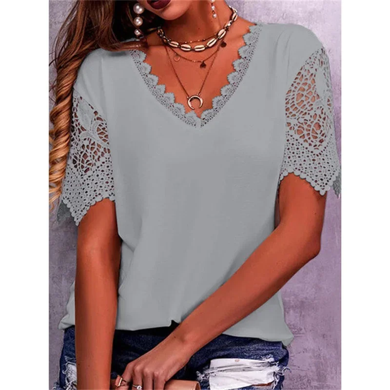 Spring Summer Women Shirts Elegant Hollow Out Lace Short Sleeve V-neck  Casual Chic Oversized Blouses Solid Color Streetwear Top