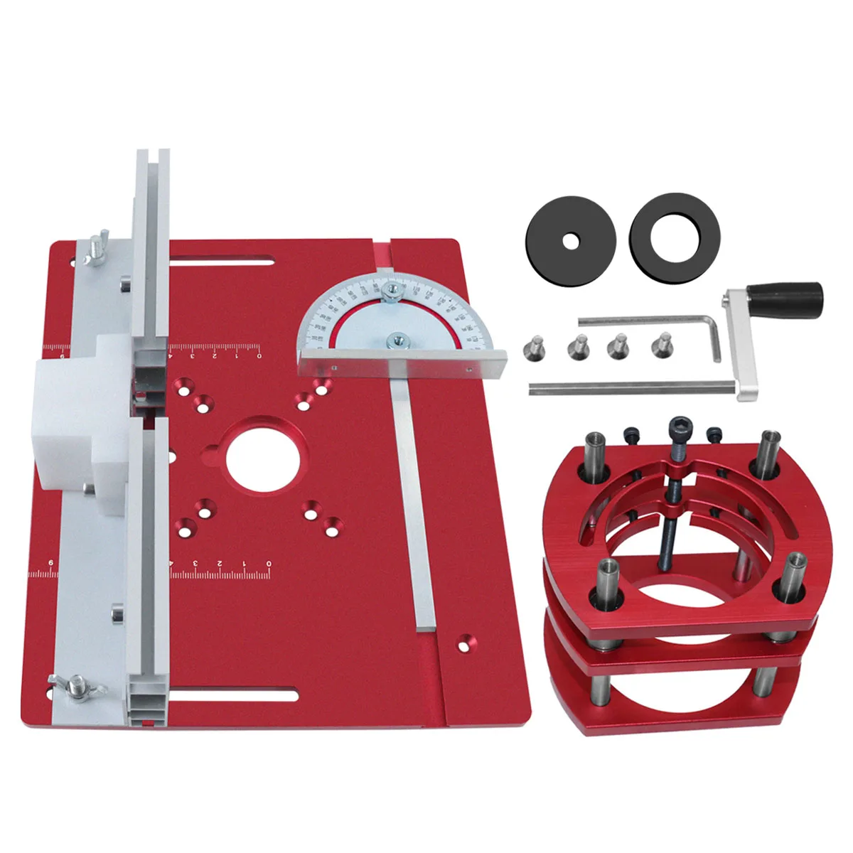 Houtbewerkingsfreesliftset - Aluminium freestafel inzetplaat met verstekmetergeleider en beugel voor motoren met een diameter van 65 mm