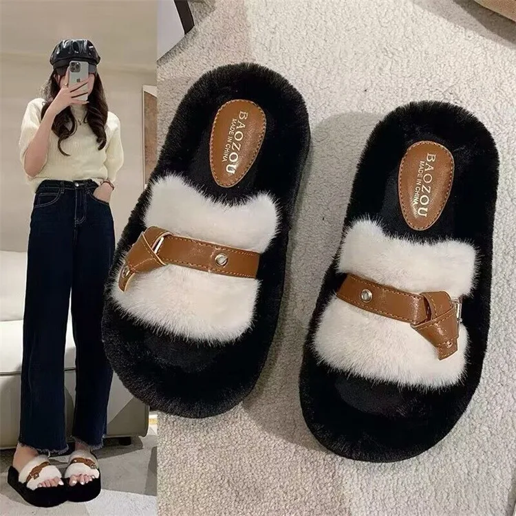 Chinelos peludos de algodão feminino, estilo alça dupla, sapatos novos da moda, para casa, outono e inverno