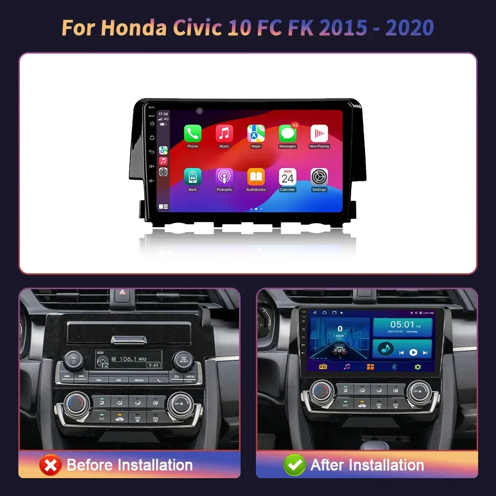 Android 14 For Honda Civic 10 FC FK 2015-2020 Wireless Carplay Stereo Car Radio Central Multimedia Navigation Screen Head Unit